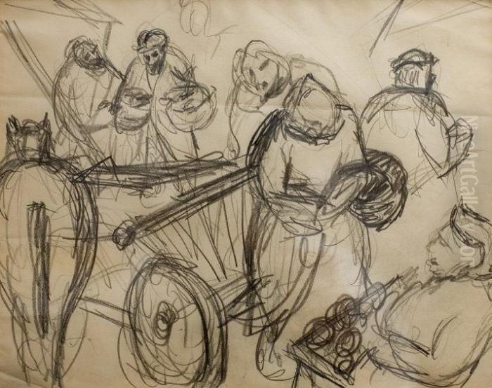 Scene De Marche Fusain Sur Papier 22 X 28 Cm (9 X 11 In.) Provenance: Christie's Oil Painting by Issachar ber Ryback