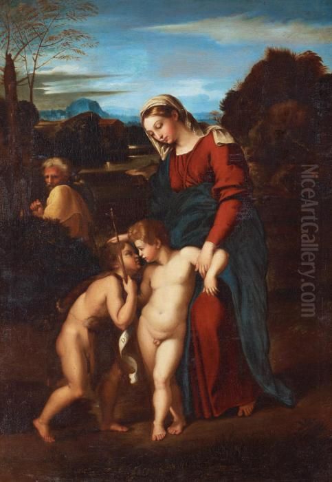 Holy Family With St John. Oil Painting by Raphael