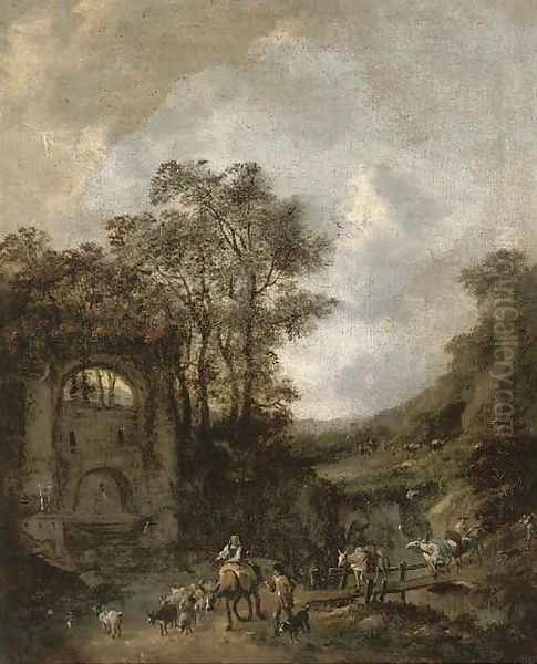 A river landscape with shepherds and their flock crossing a bridge to a fountain Oil Painting by Jan Wynants