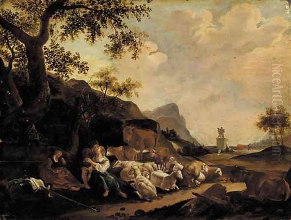 A shepherd couple embracing at the foot of a tree in an Italianate landscape Oil Painting by Jan Baptist Weenix