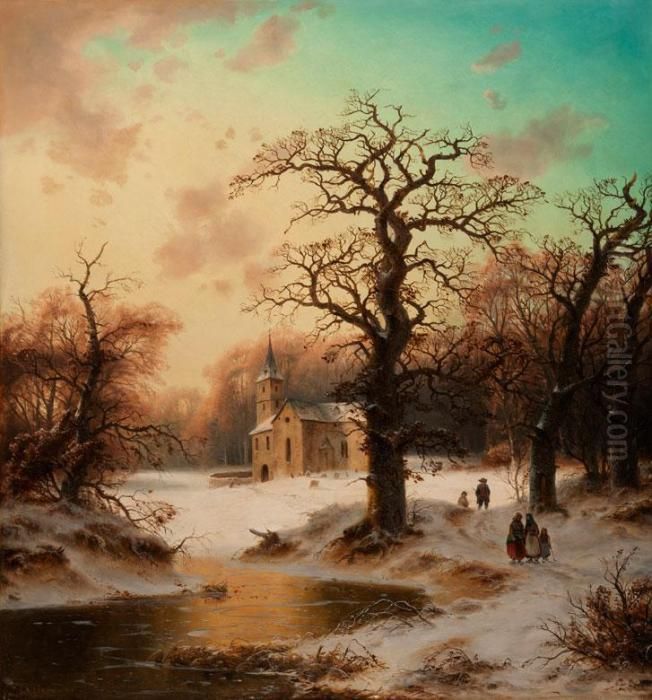 Winterlandschaft Mit Knorrigen 
Eichenbaumen Vor Einer Kirche In Der Waldlichtung Und Figurenstaffage Oil Painting by Ludwig Scheins
