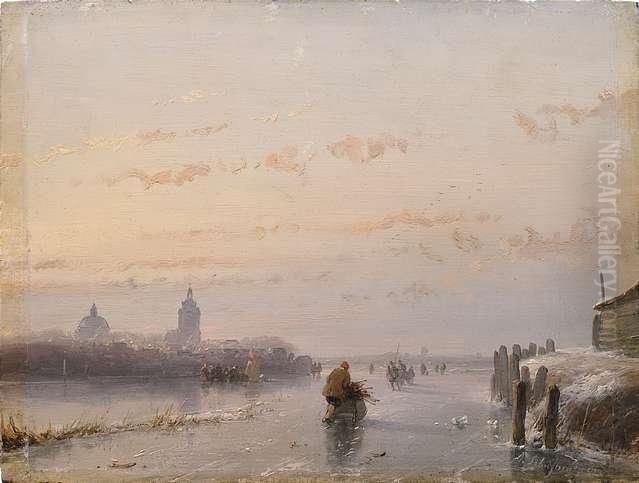 Abendliche Winterlandschaft Mit 
Personen Auf Einem Zugefrorenen Kanal Vor Stadtsilhouette Oil Painting by Andreas Schelfhout