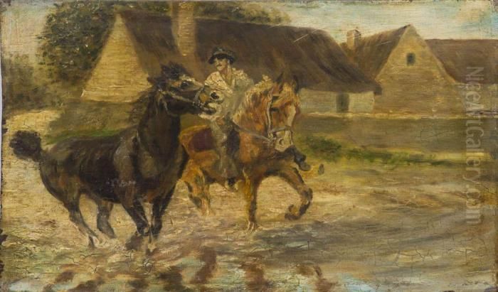 Figures On Horses Oil Painting by Cornelis Albertus Johannes Schermer