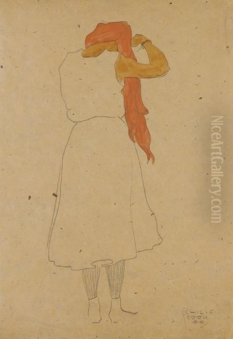 Stehende, Sich Die Langen Roten 
Haare Kammend, In Ruckenansicht (standing Woman Combing Her Long Red 
Hair, Back View) Oil Painting by Egon Schiele