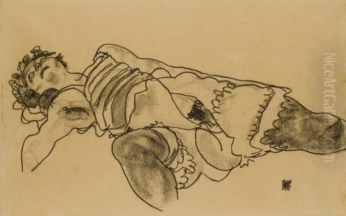 Liegende, Den Kopf Nach Hinten 
Gebeugt Mit Geoeffneter Unterwaesche (reclining Woman With Head Bent 
Back With Open Undergarments) Oil Painting by Egon Schiele