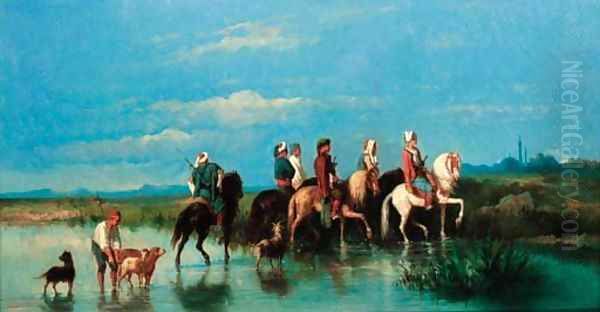 Travelling arab horsemen Oil Painting by Henri Van Wijk