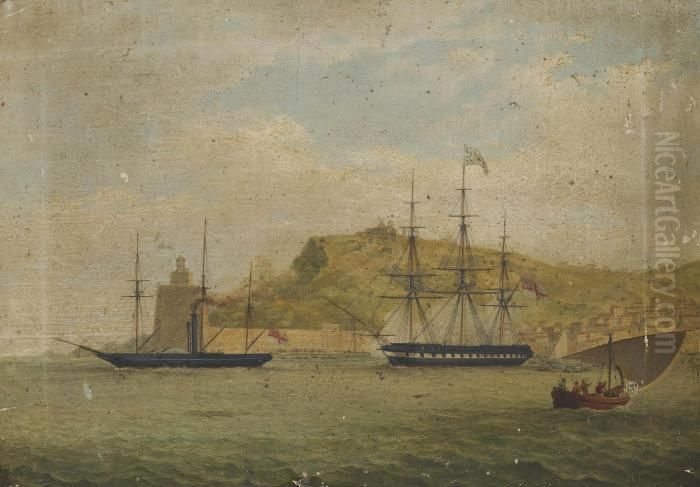 H.m.s. 
Salamander 
 Off La Torre De Hercules At The Entrance To The Harbour Of La Coruna Oil Painting by Josef Schranz