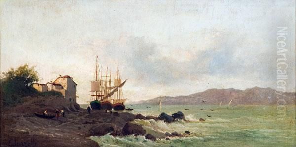 Veduta Della Costa Francese Con Velieri E Pescatori Oil Painting by Eugenio Scorzelli