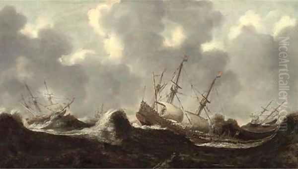 The Dutch fleet at sea in treacherous conditions Oil Painting by Claes Claesz. Wou