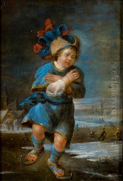 Enfant Au Panache Bleu Et Rouge Patinant Sur Un Canal Oil Painting by Joseph Conrad Seekatz
