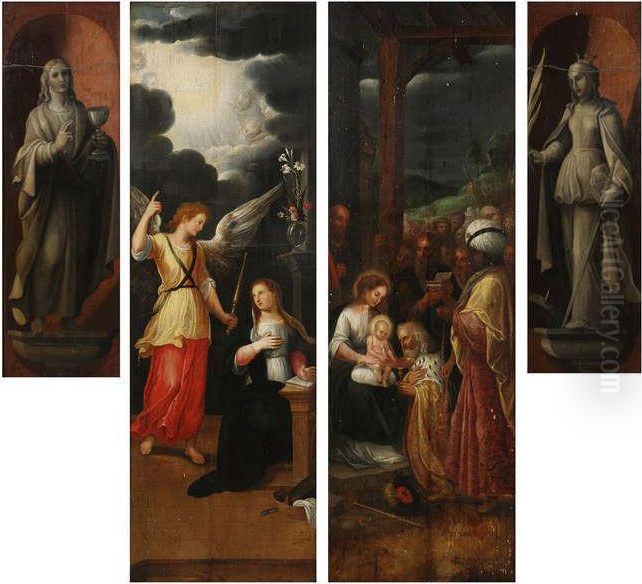 Retabelpanelen Met Enerzijds Een
 Annunciatie Met Op Verso Johannes De Doper In Grisaille En Anderzijds 
Een Aanbidding Der Wijzen Met Op Verso Heilige Catharina Oil Painting by Gerard Seghers