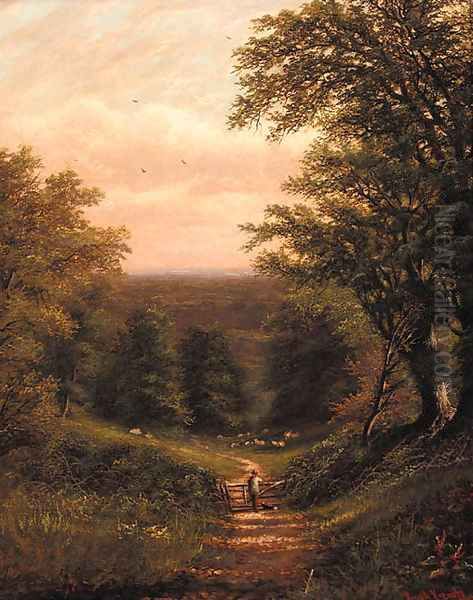 Fishing near the falls; and Surveying the flock Oil Painting by Joseph W.Yarnold