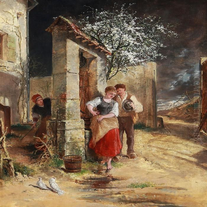 A Mother Keeps An Eye On A Young Couple At A Well Oil Painting by Antony Serres