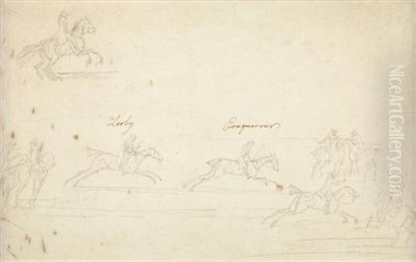 Match Between Duke Of Bolton's 
Brown Colt 'looby' And Lord Weymouth's 'conqueror' On 6th October, 1735 
At Newmarket, 4 Miles, 300 Guineas Oil Painting by James Seymour