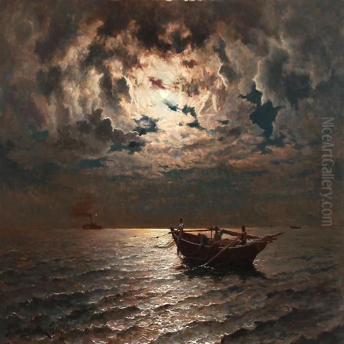 Fishermen At Sea In Moonlight Oil Painting by Jacob Johan Silven