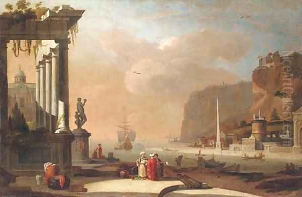 A Mediterranean harbour with Oriental merchants conversing by a ruined temple Oil Painting by Thomas Wyck