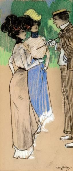 Twee Elegante Dames En Een Heer In Gesprek Oil Painting by Willy Sluyters