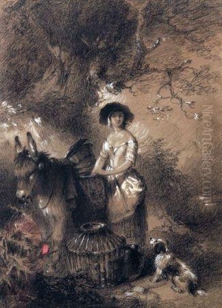 Woodland Scene With Lady, Donkey And Dog Oil Painting by Edward Robert Smythe