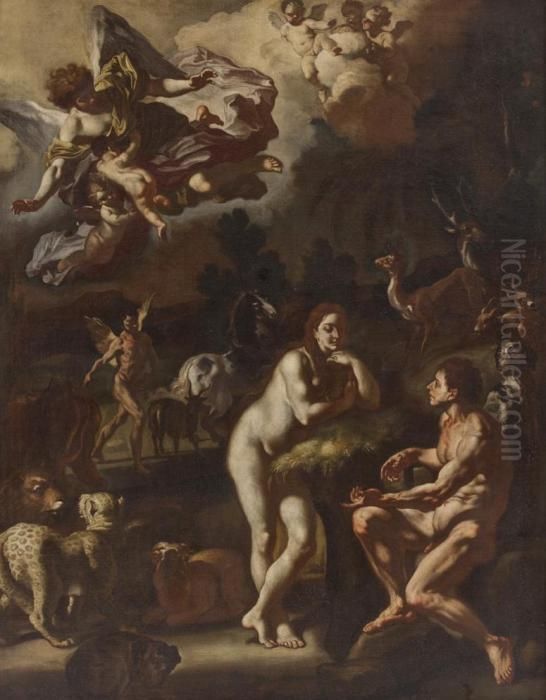 Adamo Ed Eva Nel Giardino Dell'eden Oil Painting by Francesco Solimena