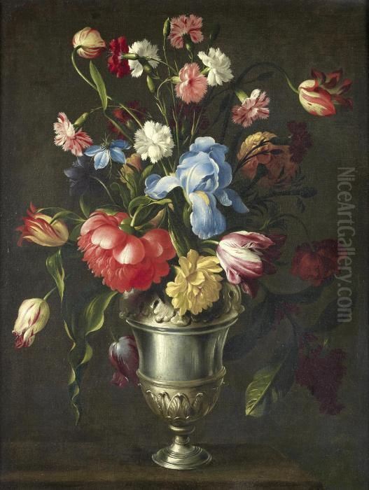 An Iris, A Peony, Love-in-a-mist, Tulips, Pinks And Other Flowers In A Silver Urn Oil Painting by Giovanni Stanchi