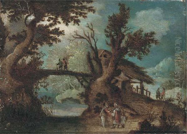 A Wooded River Landscape With Peasants On A Path Oil Painting by Pieter Stevens