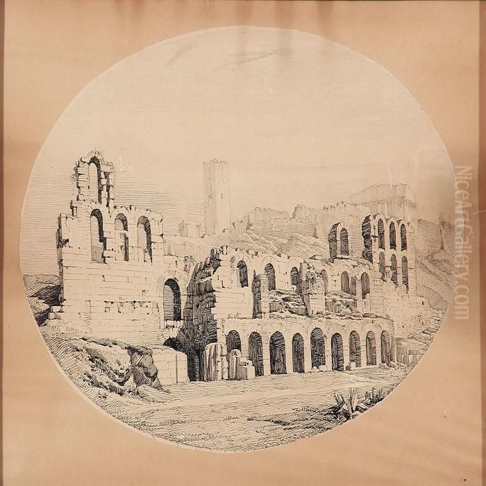 The Ruins Of Herod Atticus Odeon Acropolis, Athens Oil Painting by Harald Conrad Stilling