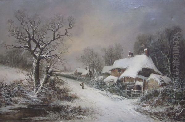 A Figure Near A Cottage In A Winter Landscape Oil Painting by William R. Stone