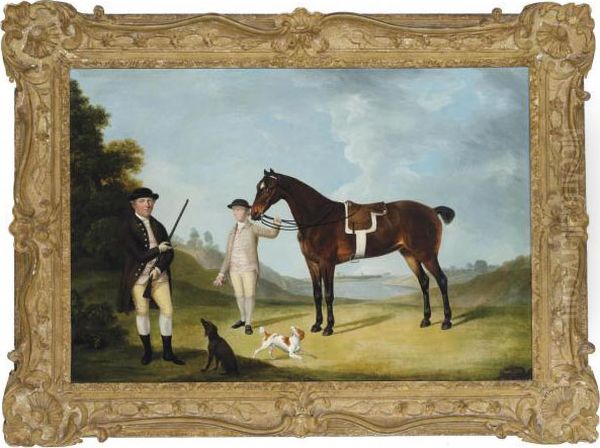 A Gentleman And His Hounds In An
 Extensive Landscape, His Groom Holding The Reins Of His Chestnut Hunter Oil Painting by Thomas Stringer