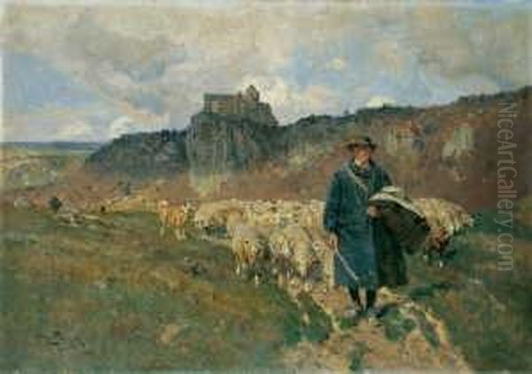 Ein Schafer Mit Seiner Herde Im 
Altmuhltal. Im Hintergrund Die Hochgelegene Burg Prunn. Signiert Und 
Datiert Unten Links: Otto Strutzel 1908/mchn. Ol Auf Leinwand. H 70; B 
100 Cm. Oil Painting by Otto Struttzel