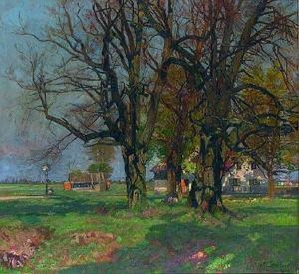 Bauernhaus Unter Baumen In
 Fruhlingslandschaft Oil Painting by Otto Struttzel