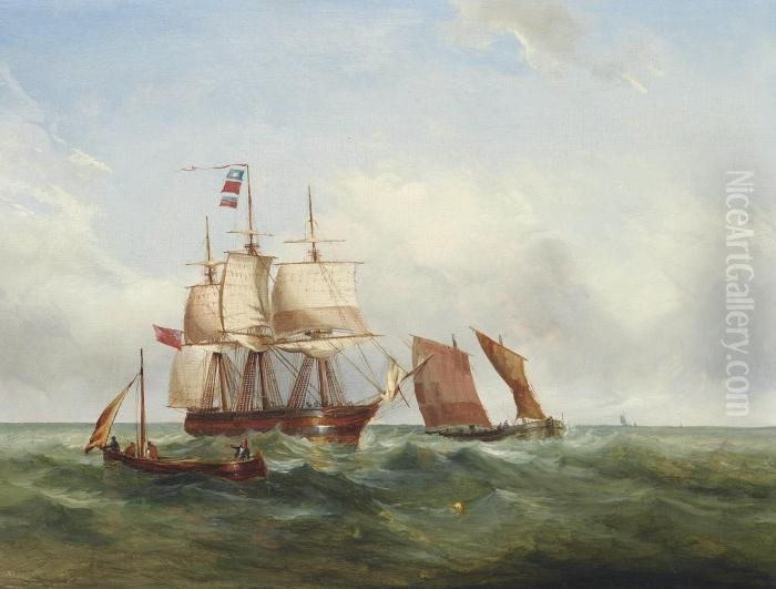 A Pilot Boat Guiding A Three-masted Barque Inshore Oil Painting by Ralph I Stubbs