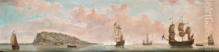 A Squadron Of The Red Arriving In The Bay Before Gibraltar Oil Painting by Francis Swaine