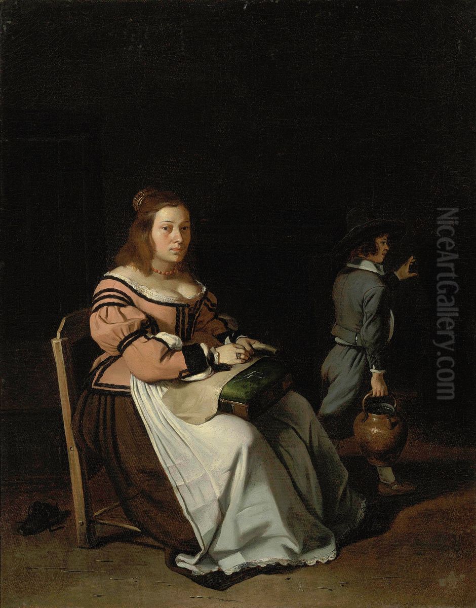 A Lady Sewing In An Interior Oil Painting by Michiel Sweerts