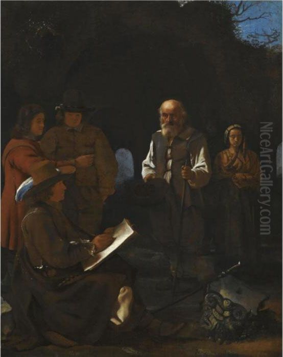 A Young Artist Seated Drawing 
Among Roman Ruins, Two Friends Behind Him And A Beggar With His Family 
Before Him Oil Painting by Michiel Sweerts