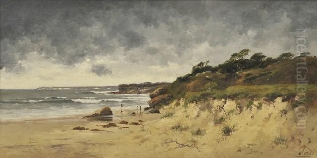 Three Figures On A Beach Oil Painting by Henri Tebbitt