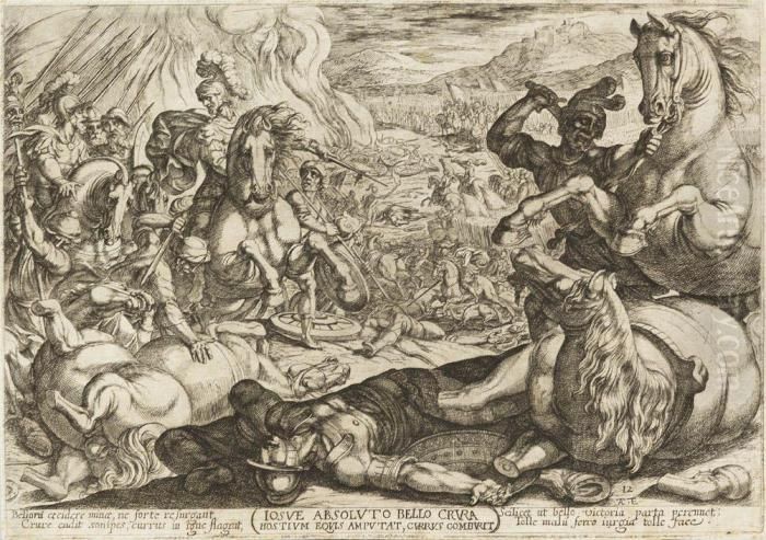 Iosue Absoluto Bello Crura Hostium Equis Amputat, Currus Comburit Oil Painting by Antonia Tempesta