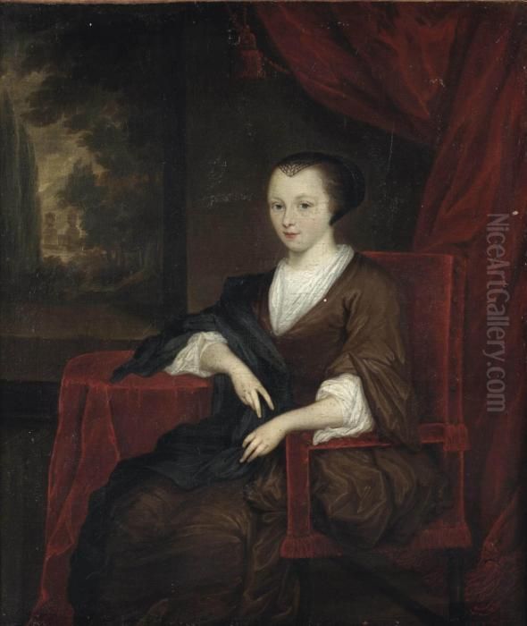 Portrait Of A Lady, 
Three-quarter-length, In A Brown Dress And Black Wrap With A White 
Collar And Cuffs, Seated At A Draped Table With A View Of A Park 
Landscape Beyond Oil Painting by Gerard Terborch