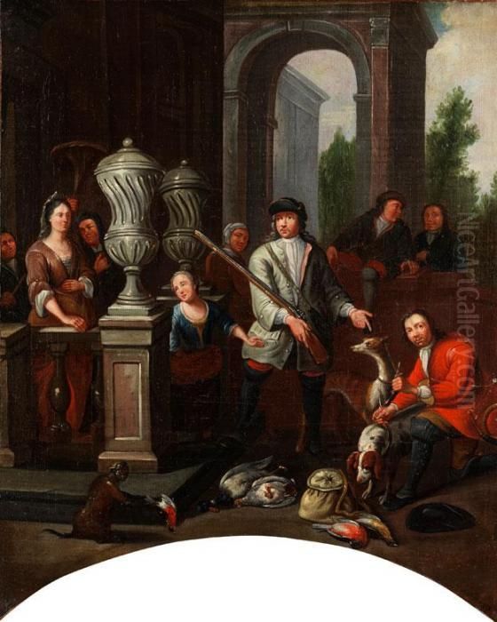 Jagdgesellschaft In Der Loggia Eines Schlosses Oil Painting by Josef Horemans Younger The Jan