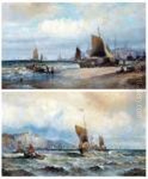 Fishing Luggers Ashore Oil Painting by William A. Thornley or Thornbery