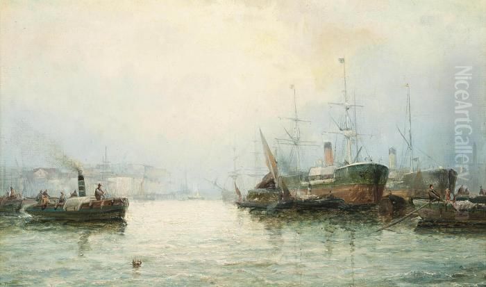 A Misty Morning On The Thames Oil Painting by William A. Thornley or Thornbery