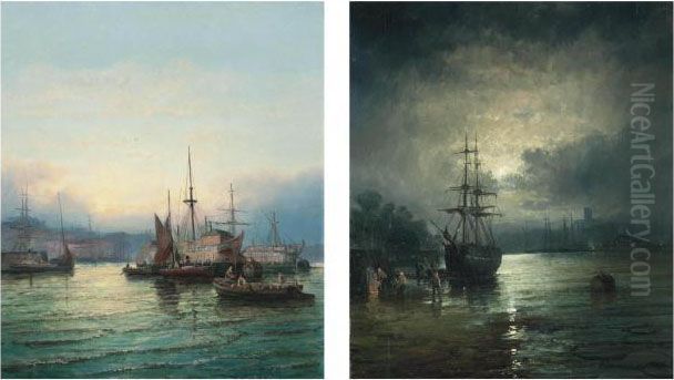 Prison Hulks Lying On The Medway At Dusk Oil Painting by William A. Thornley or Thornbery