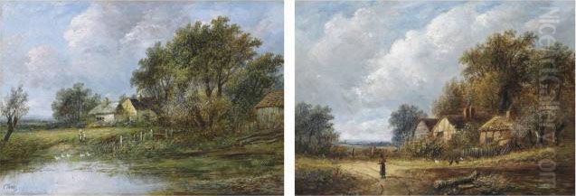Figures Before Ducks On A Pond; 
And A Figure On A Country Path With Chickens Outside A Cottage Oil Painting by Joseph Thors