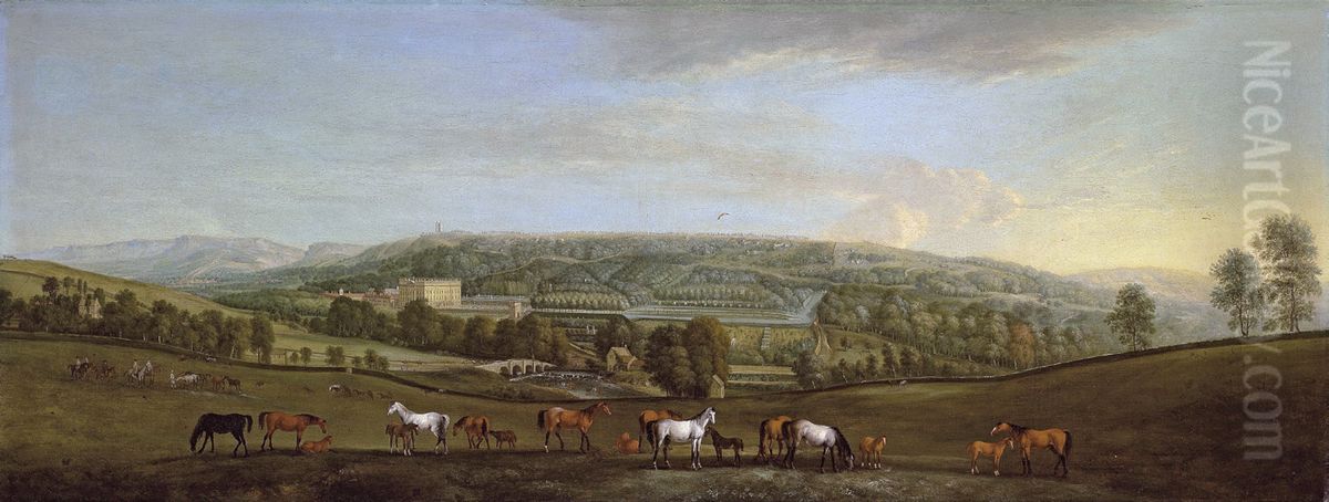 A Panoramic View Of Chatsworth House And Park Oil Painting by Peter Tillemans