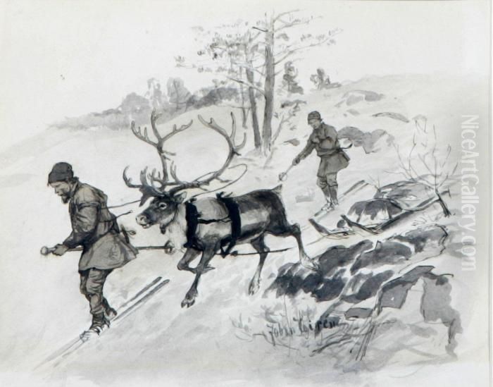 Utforsakning Med Ren. Oil Painting by Johan Tiren