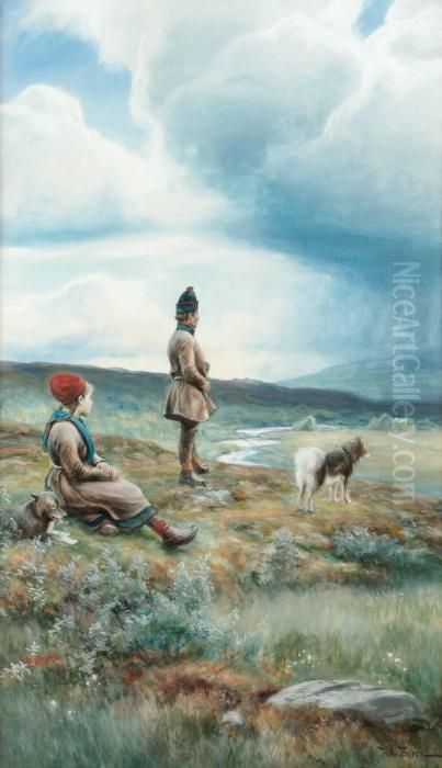 Samiskt Par Ser Ut Over Vidderna Oil Painting by Johan Tiren
