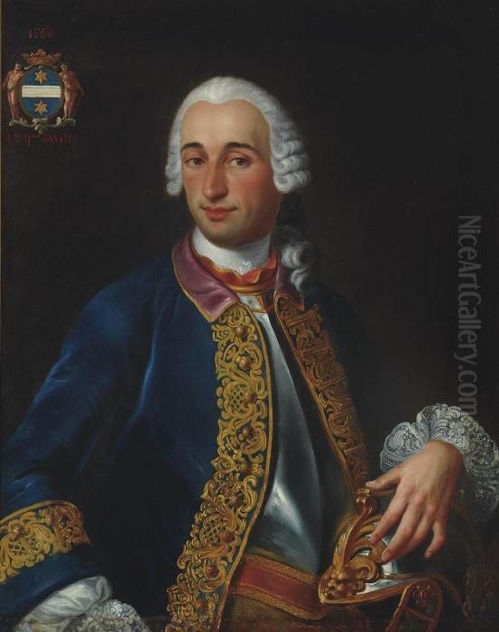 Portrait Of A Gentleman, 
Possibly Denis Robert Bruneau De Vitry, Baron De Vitry, Half-length, In A
 Breastplate And Blue Coat With Gold Embroidery, His Left Hand Resting 
On His Helmet Oil Painting by Louis Tocque