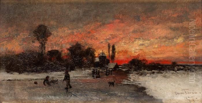 Vinterlandskap Med Skridskoakare Oil Painting by Oscar Emil Torna
