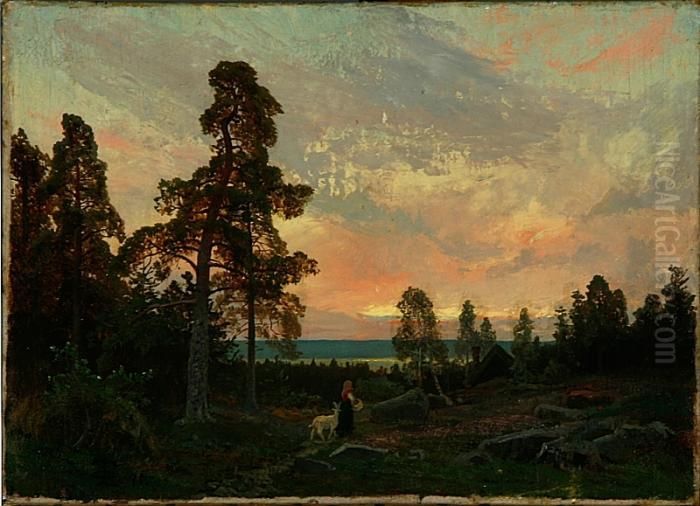 Il Torna, Attributed: Evening 
Atmosphere With A Shepherd Girl Walking On A Mounting Road. Inscribed 
And Dated Monogram 91. 25 X 35 Cm Oil Painting by Oscar Emil Torna