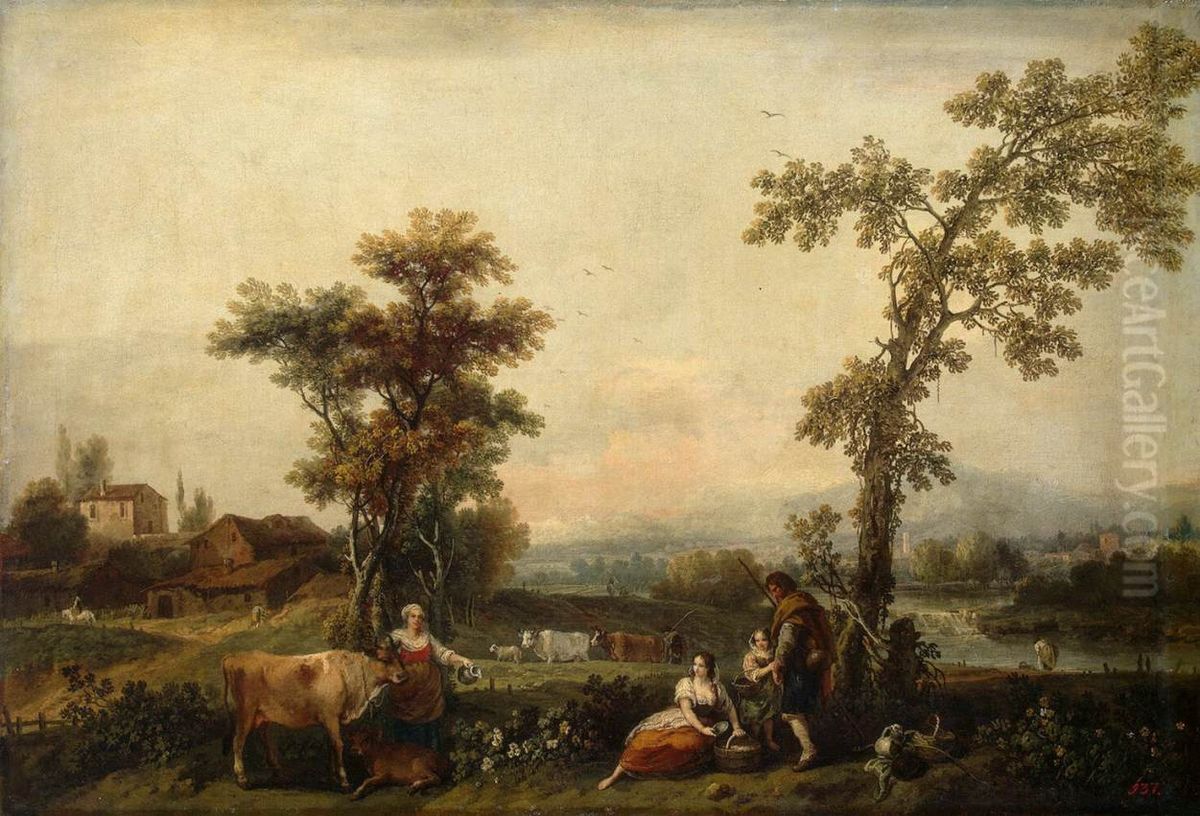Landscape with a Woman Leading a Cow Oil Painting by Francesco Zuccarelli