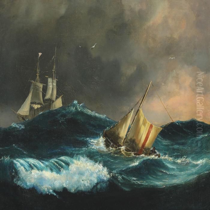 Pilot Boat At Sea In Bad Weather Oil Painting by Laurits Regner Tuxen